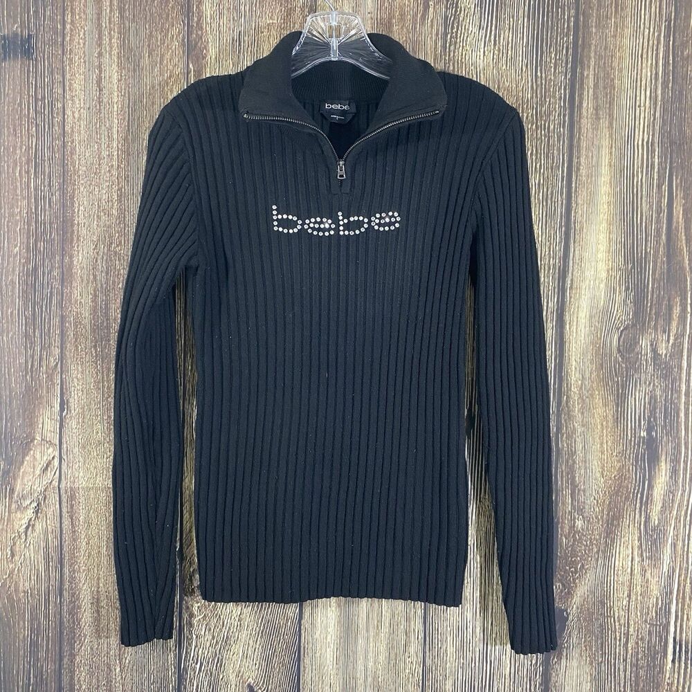Bebe Womens 1/4 Zip Ribbed Pullover Sweater Sz Small Black Poly/Nylon Blend